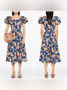 Ulla Johnson Imara Midi Dress Wildflower Blue/Coral Puff-Sleeve Size 14 NEW